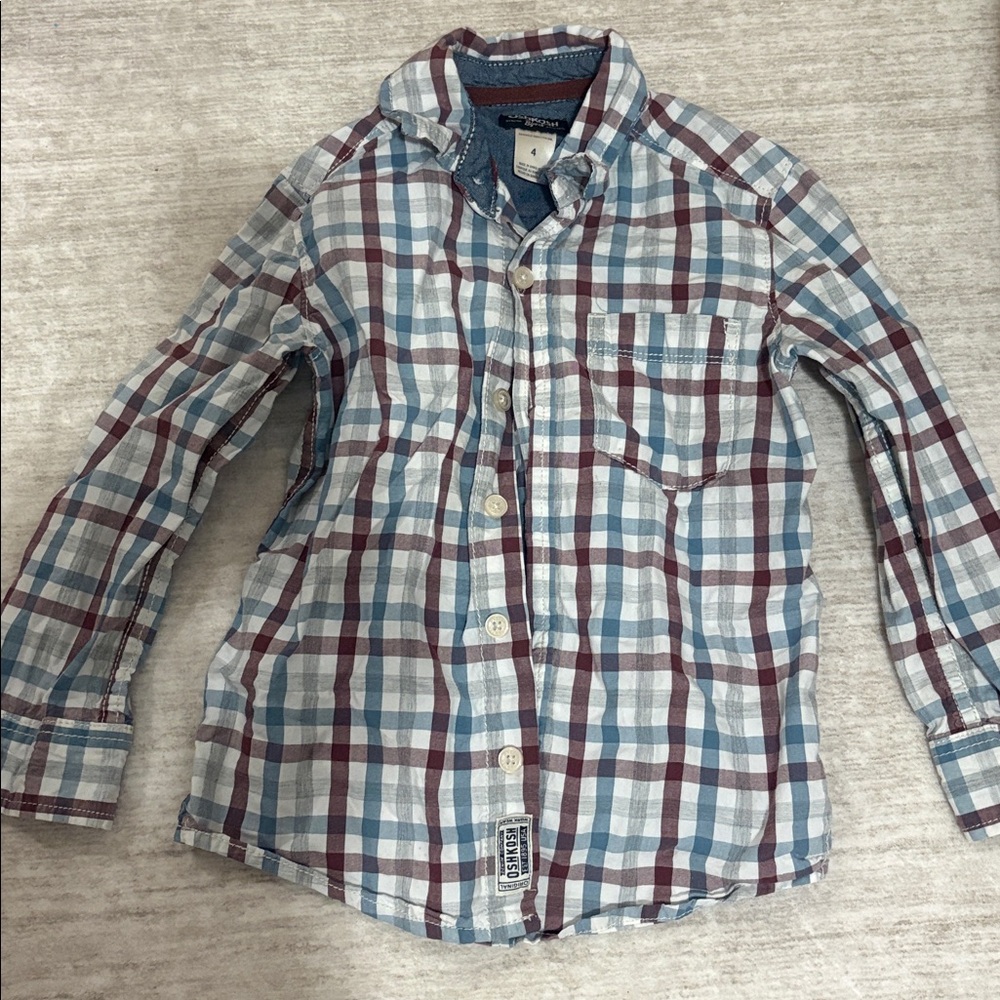 Plaid maroon blue white button down long sleeve 4T